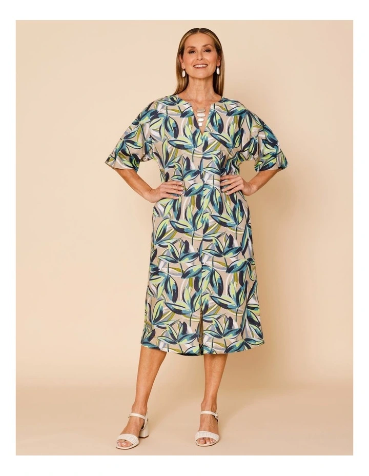 Short Sleeve Notch Neck Dress With Front Split In Neutral Ground Tropical Floral image 1