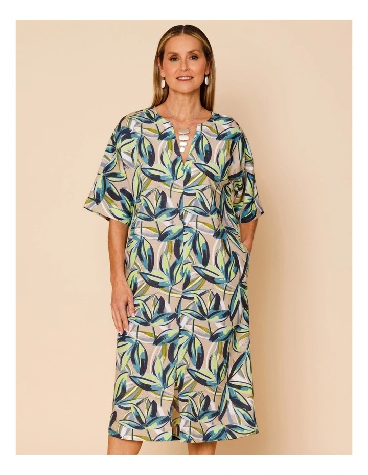 Short Sleeve Notch Neck Dress With Front Split In Neutral Ground Tropical Floral image 2