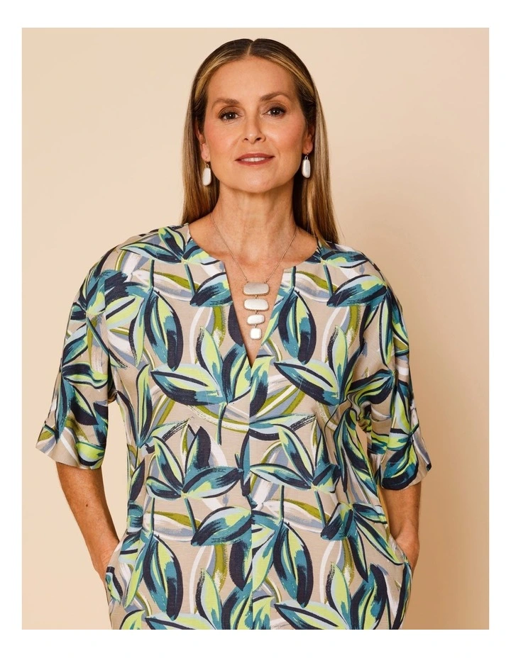 Short Sleeve Notch Neck Dress With Front Split In Neutral Ground Tropical Floral image 3