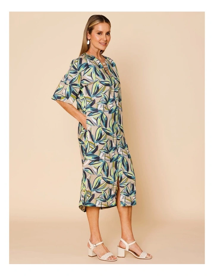 Short Sleeve Notch Neck Dress With Front Split In Neutral Ground Tropical Floral image 4