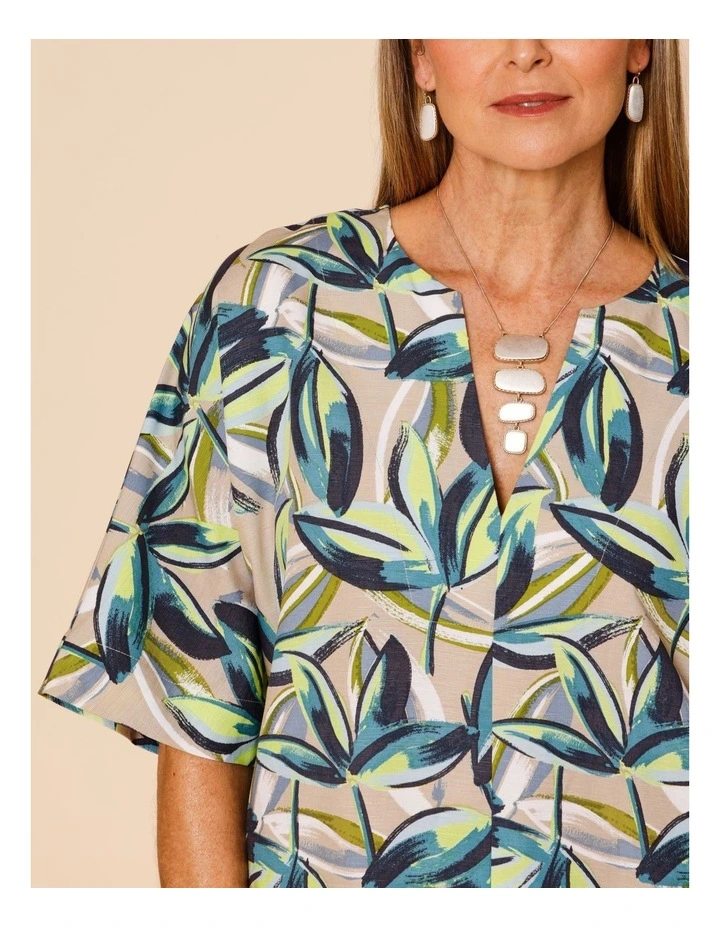 Short Sleeve Notch Neck Dress With Front Split In Neutral Ground Tropical Floral image 5