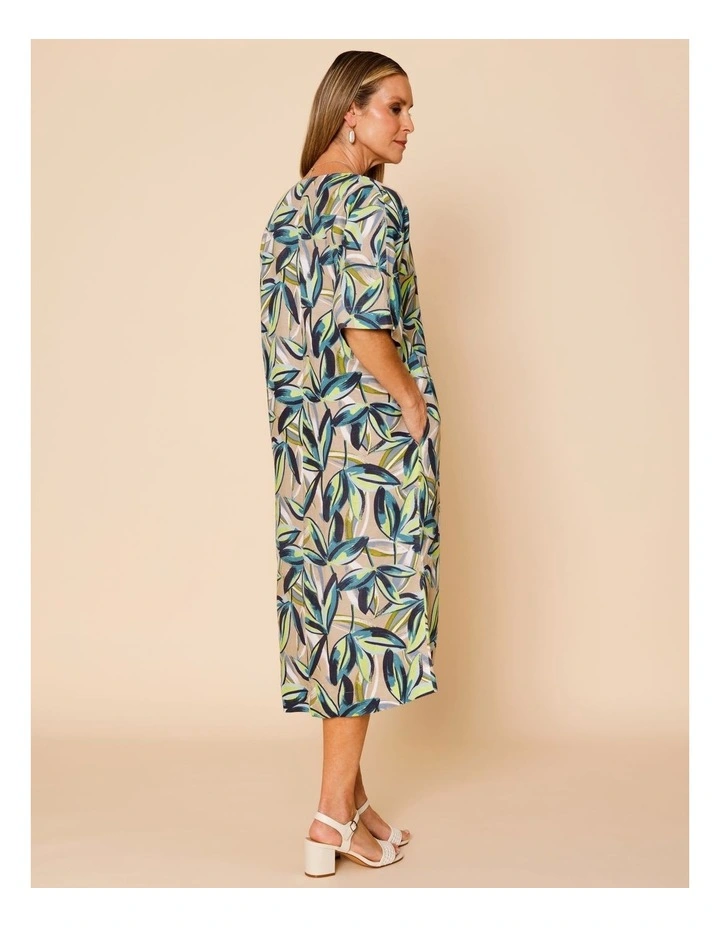 Short Sleeve Notch Neck Dress With Front Split In Neutral Ground Tropical Floral image 6