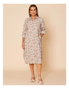 3/4 Sleeve Poplin Shirt Dress With Side Panels And Roll Up Sleeve In Neutral Abstract/Stripe