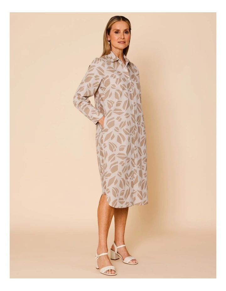 3/4 Sleeve Poplin Shirt Dress With Side Panels And Roll Up Sleeve In Neutral Abstract/Stripe image 3