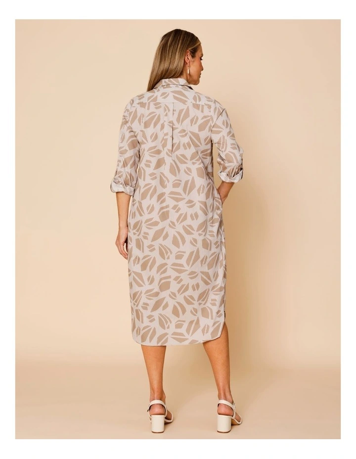 3/4 Sleeve Poplin Shirt Dress With Side Panels And Roll Up Sleeve In Neutral Abstract/Stripe image 6
