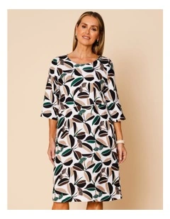 3/4 Sleeve Dress With Angled Bodice And Pocket In White/Green/Black & Neutral Gum Print