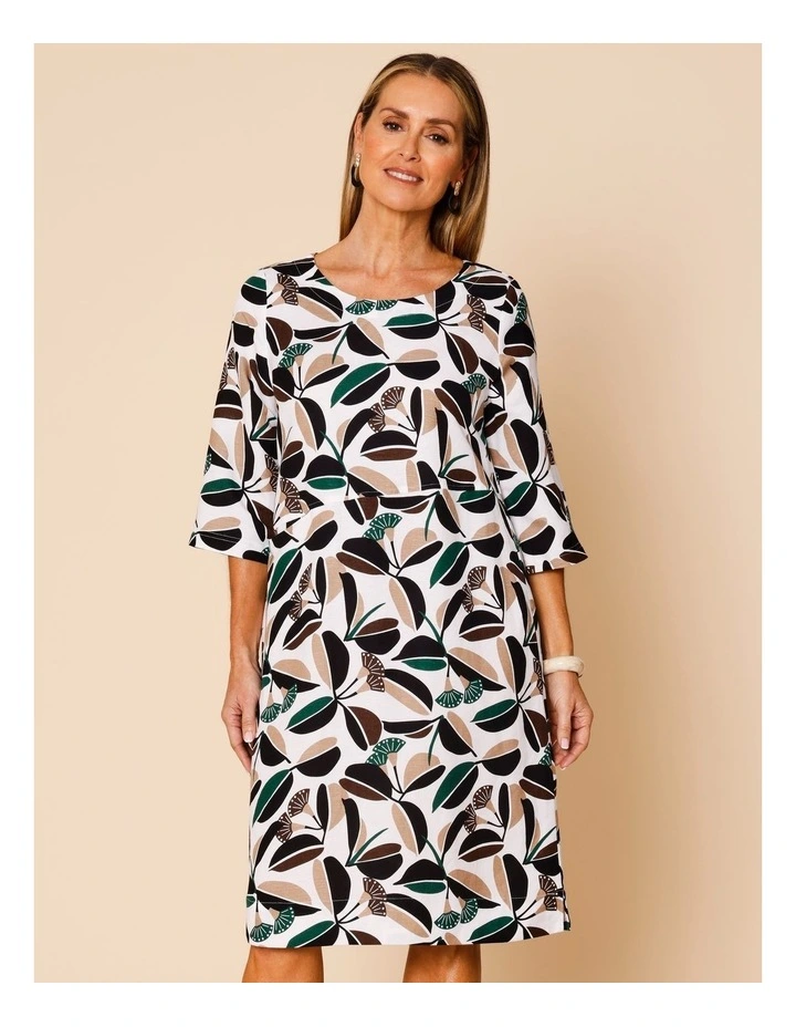 3/4 Sleeve Dress With Angled Bodice And Pocket In White/Green/Black & Neutral Gum Print image 1