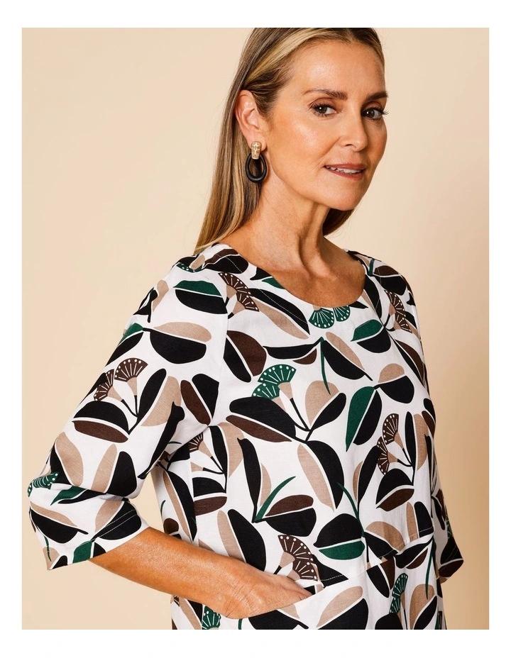 3/4 Sleeve Dress With Angled Bodice And Pocket In White/Green/Black & Neutral Gum Print image 2