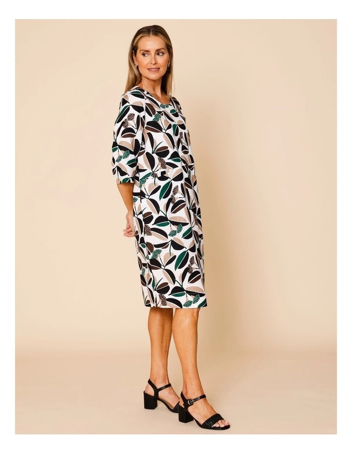 3/4 Sleeve Dress With Angled Bodice And Pocket In White/Green/Black & Neutral Gum Print image 3