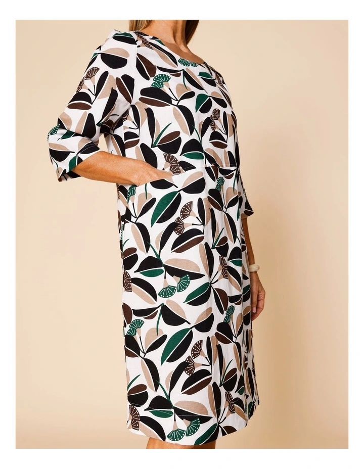 3/4 Sleeve Dress With Angled Bodice And Pocket In White/Green/Black & Neutral Gum Print image 4