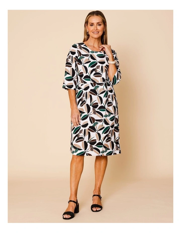 3/4 Sleeve Dress With Angled Bodice And Pocket In White/Green/Black & Neutral Gum Print image 5