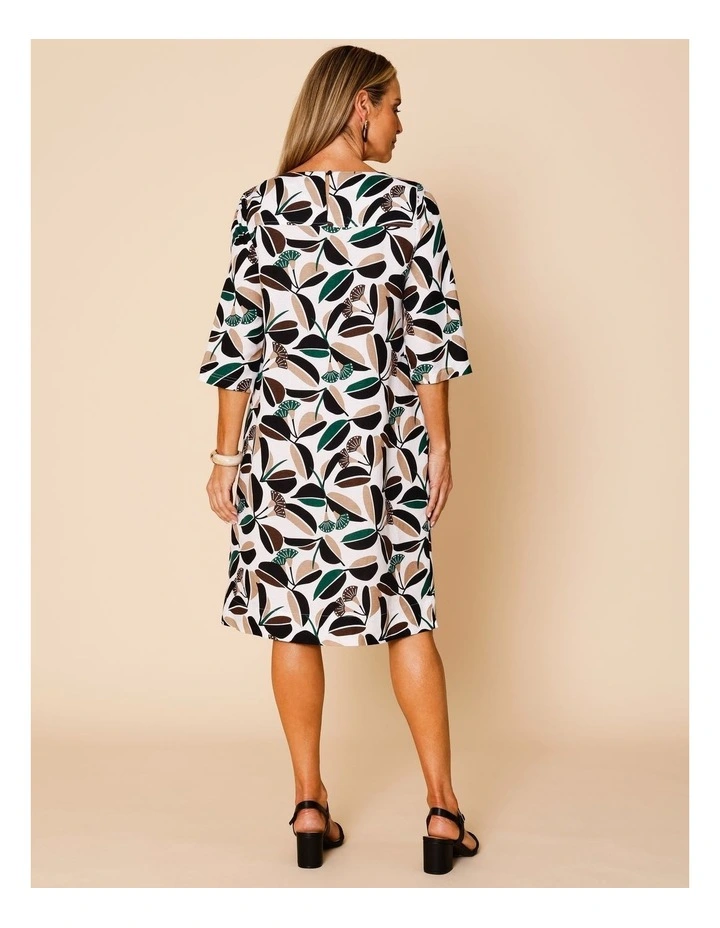 3/4 Sleeve Dress With Angled Bodice And Pocket In White/Green/Black & Neutral Gum Print image 6