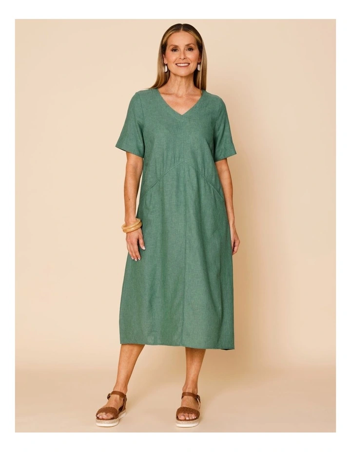 Short Sleeve Dress With Shaped Waist And Pockets In Green image 1