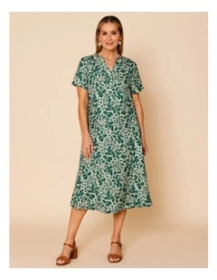 Short Sleeve Stand Neck Dress With Princess Seams In Greens Floral