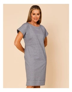 Short Sleeve Knit Dress With Curved Waist Seam In Navy/White Ticking Stripe