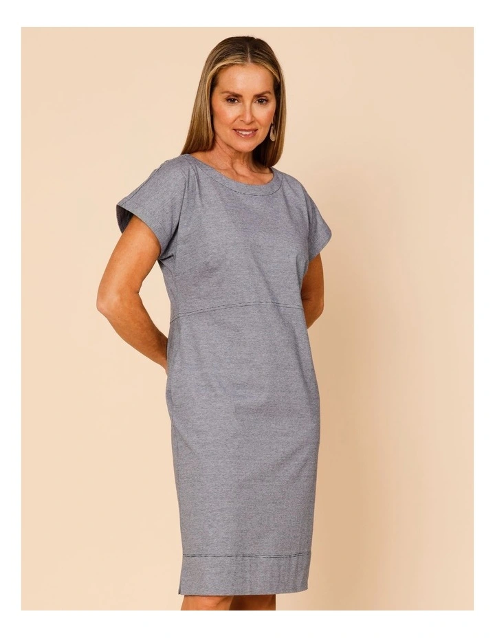 Short Sleeve Knit Dress With Curved Waist Seam In Navy/White Ticking Stripe image 1