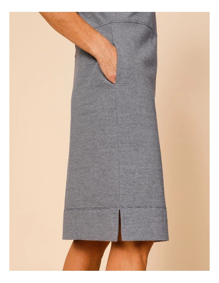 Short Sleeve Knit Dress With Curved Waist Seam In Navy/White Ticking Stripe image 4