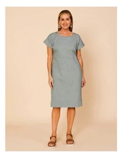 Short Sleeve Knit Dress With Curved Waist Seam In Green/White Ticking Stripe