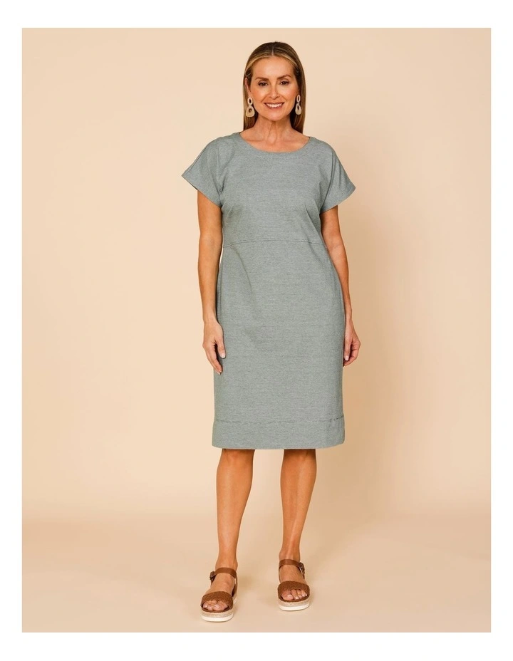 Short Sleeve Knit Dress With Curved Waist Seam In Green/White Ticking Stripe image 1
