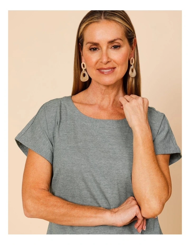 Short Sleeve Knit Dress With Curved Waist Seam In Green/White Ticking Stripe image 2