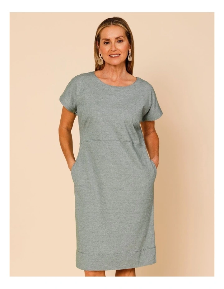 Short Sleeve Knit Dress With Curved Waist Seam In Green/White Ticking Stripe image 3