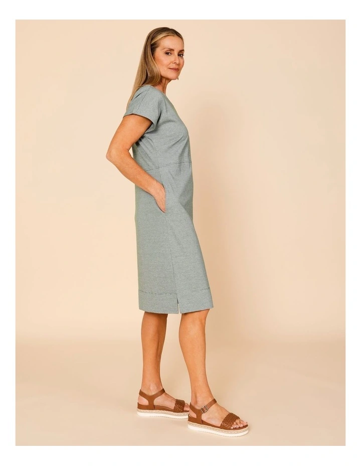 Short Sleeve Knit Dress With Curved Waist Seam In Green/White Ticking Stripe image 4