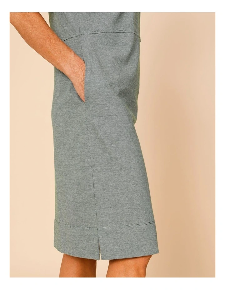 Short Sleeve Knit Dress With Curved Waist Seam In Green/White Ticking Stripe image 5