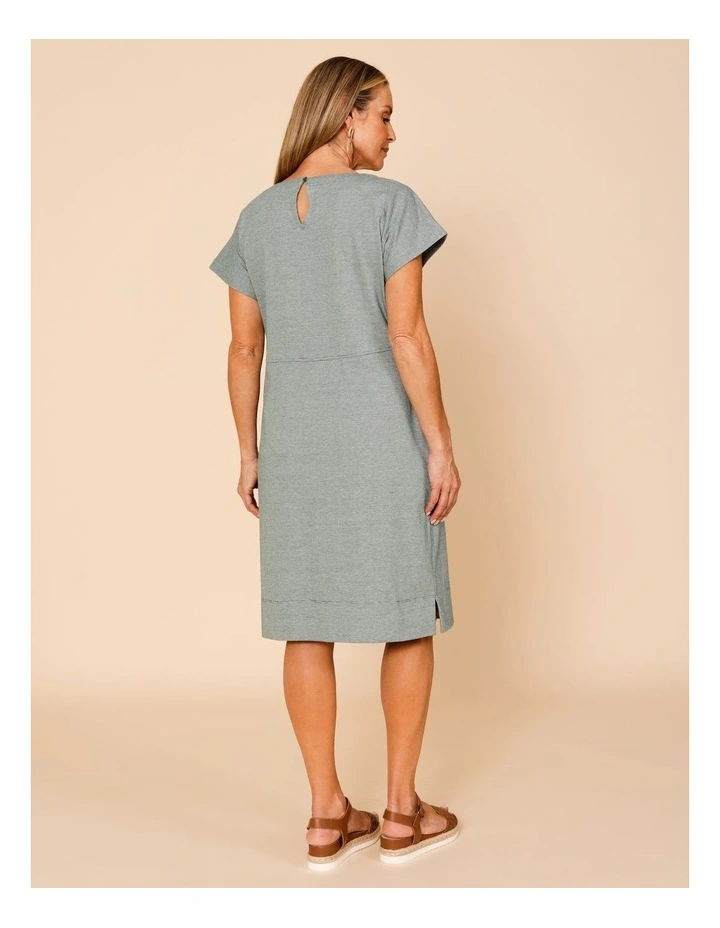 Short Sleeve Knit Dress With Curved Waist Seam In Green/White Ticking Stripe image 6