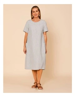 Short Sleeve Tulip Dress With Side Pockets In Blue/White Stripe