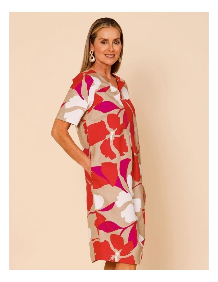 Notch Neck Short Sleeve Dress With Front Pleat And Pockets In Neutral/ White/ Red/ Pink Large Abstract Floral image 2