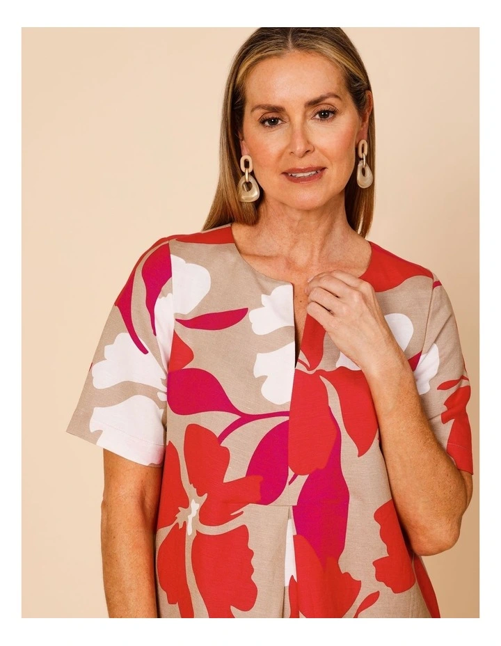 Notch Neck Short Sleeve Dress With Front Pleat And Pockets In Neutral/ White/ Red/ Pink Large Abstract Floral image 5