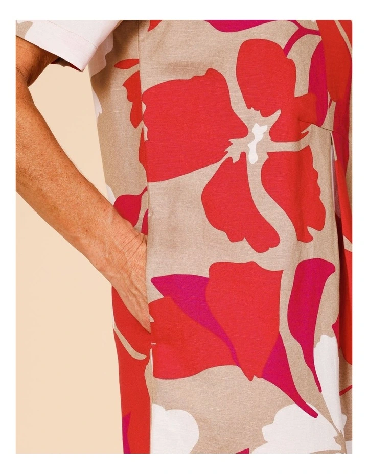 Notch Neck Short Sleeve Dress With Front Pleat And Pockets In Neutral/ White/ Red/ Pink Large Abstract Floral image 7