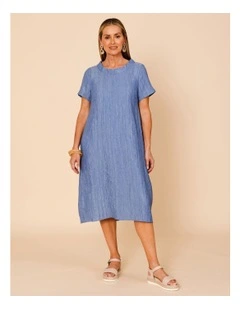 Cowl Neck Short Sleeve Crinkle Dress In Blue