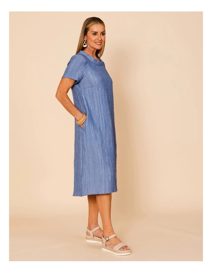 Cowl Neck Short Sleeve Crinkle Dress In Blue image 4