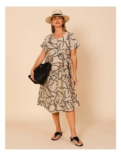 Short Sleeve Dress With V Neck & Waist Tie In Neutral/Black Abstract Squiggle