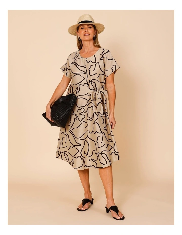 Short Sleeve Dress With V Neck & Waist Tie In Neutral/Black Abstract Squiggle image 1