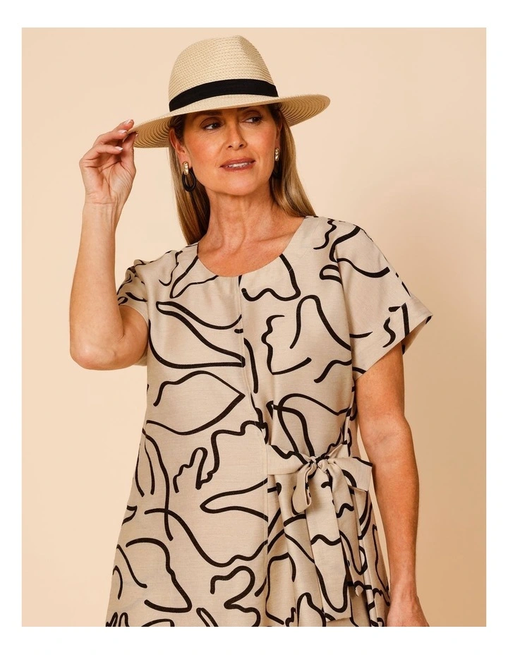 Short Sleeve Dress With V Neck & Waist Tie In Neutral/Black Abstract Squiggle image 2