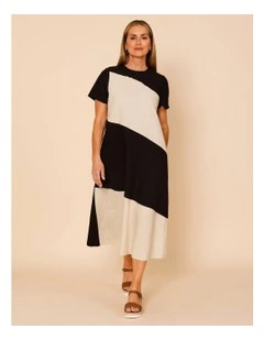 Short Sleeve Diagonal Splice Dress In Neutral/Black