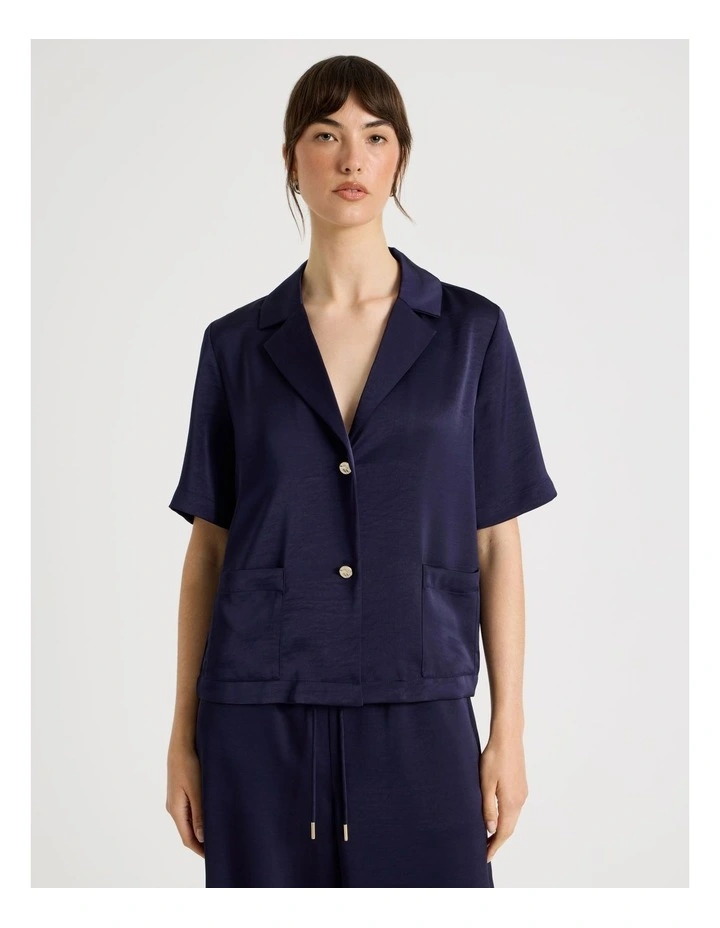 Cropped Short Sleeve Satin Shirt in Navy image 1