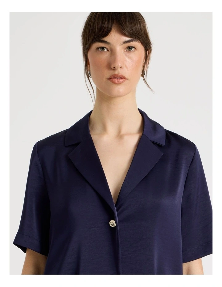 Cropped Short Sleeve Satin Shirt in Navy image 2