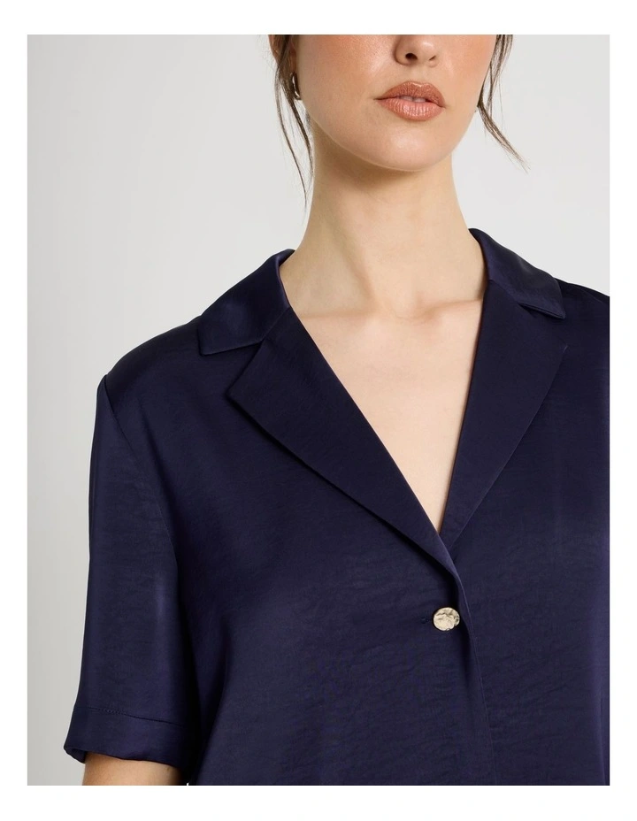 Cropped Short Sleeve Satin Shirt in Navy image 5