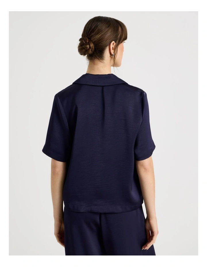Cropped Short Sleeve Satin Shirt in Navy image 6