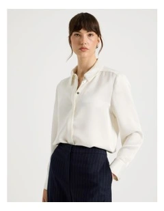 Long Sleeve Double Faced Satin Shirt in Ecru