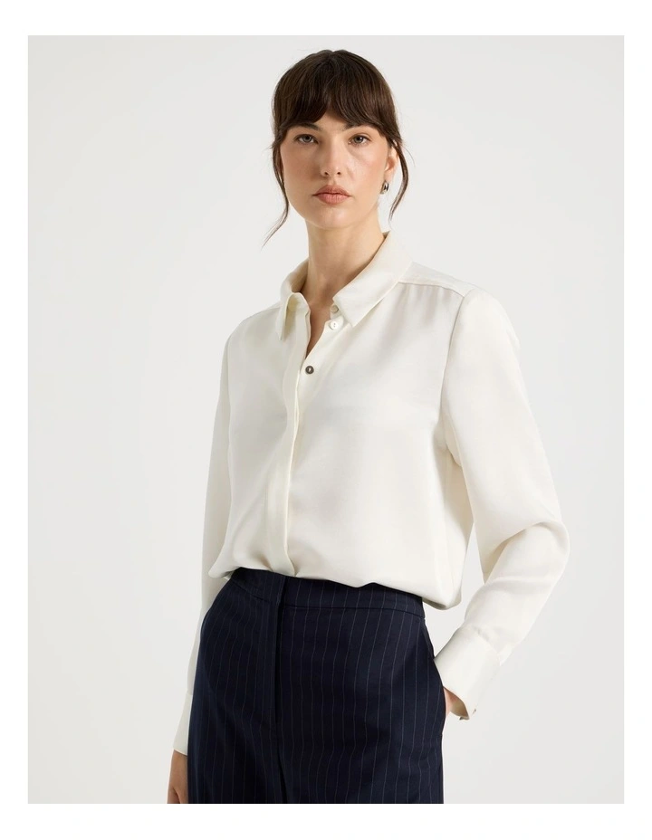 Long Sleeve Double Faced Satin Shirt in Ecru image 1