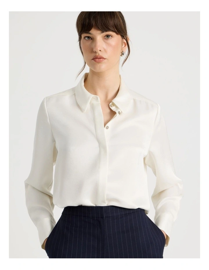 Long Sleeve Double Faced Satin Shirt in Ecru image 7