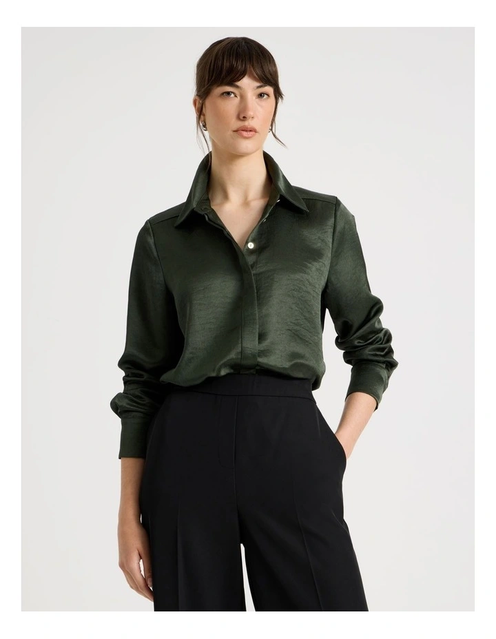 Long Sleeve Double Faced Satin Shirt in Dark Green image 1
