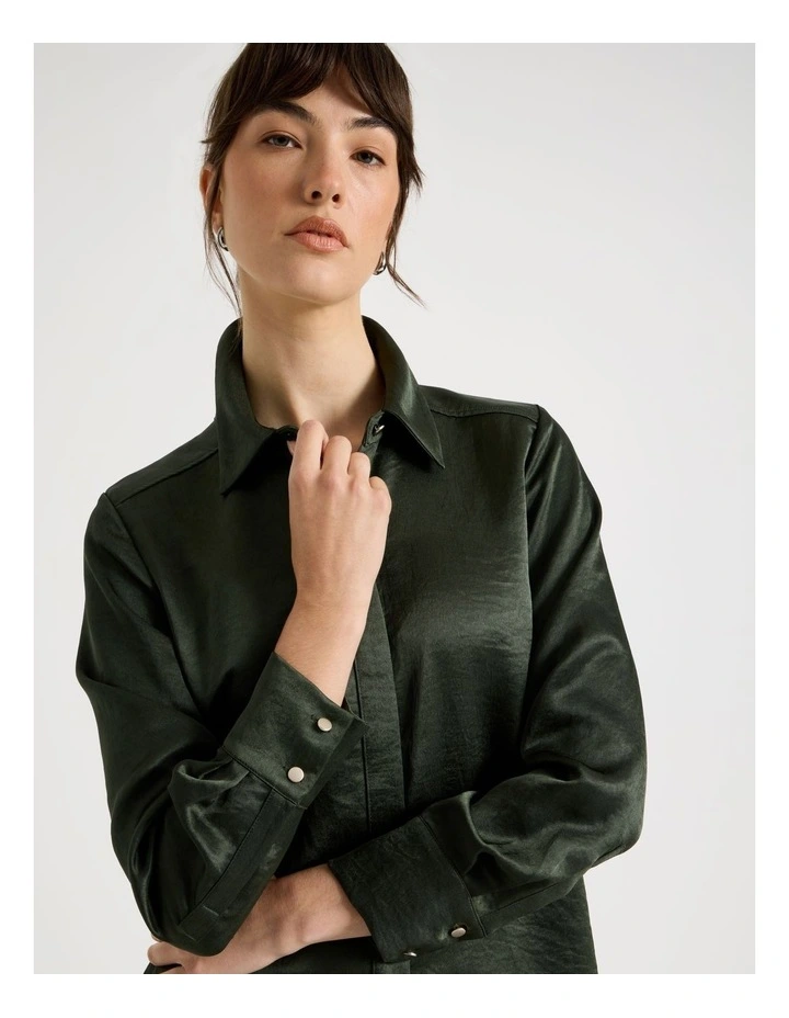 Long Sleeve Double Faced Satin Shirt in Dark Green image 2