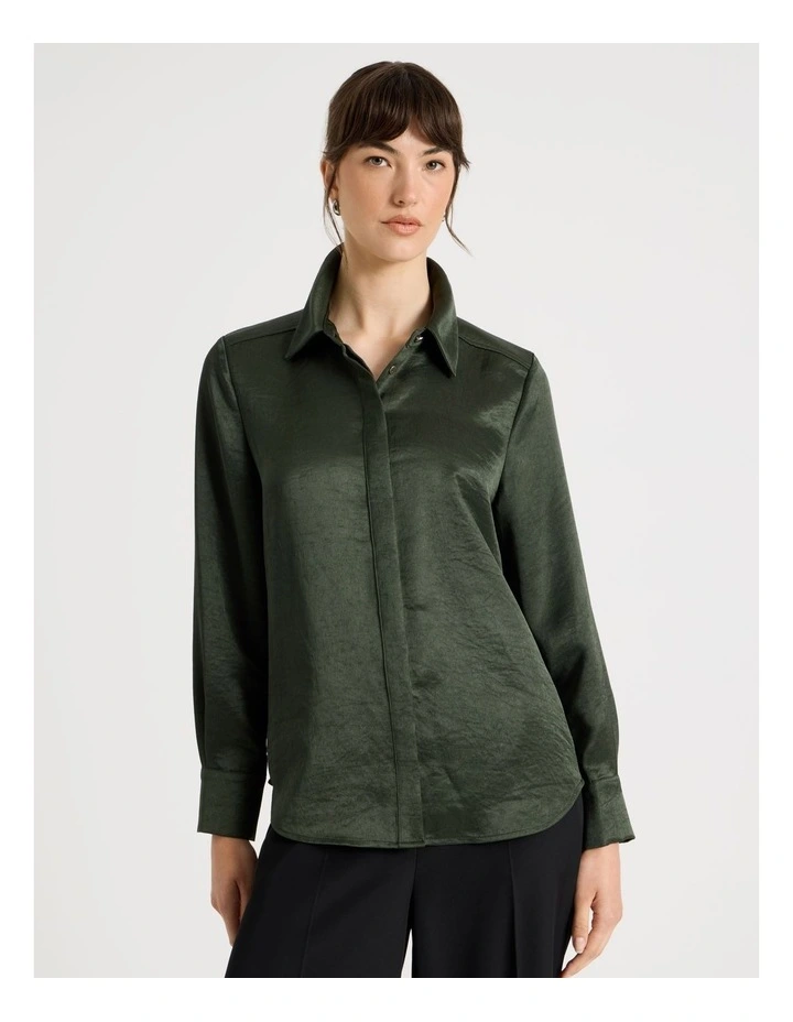 Long Sleeve Double Faced Satin Shirt in Dark Green image 5