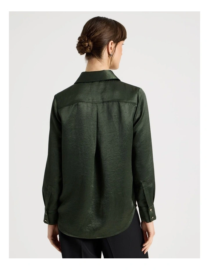 Long Sleeve Double Faced Satin Shirt in Dark Green image 6