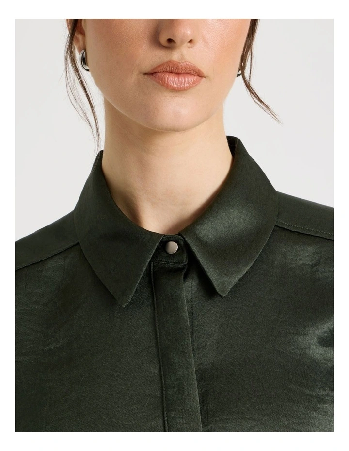 Long Sleeve Double Faced Satin Shirt in Dark Green image 7